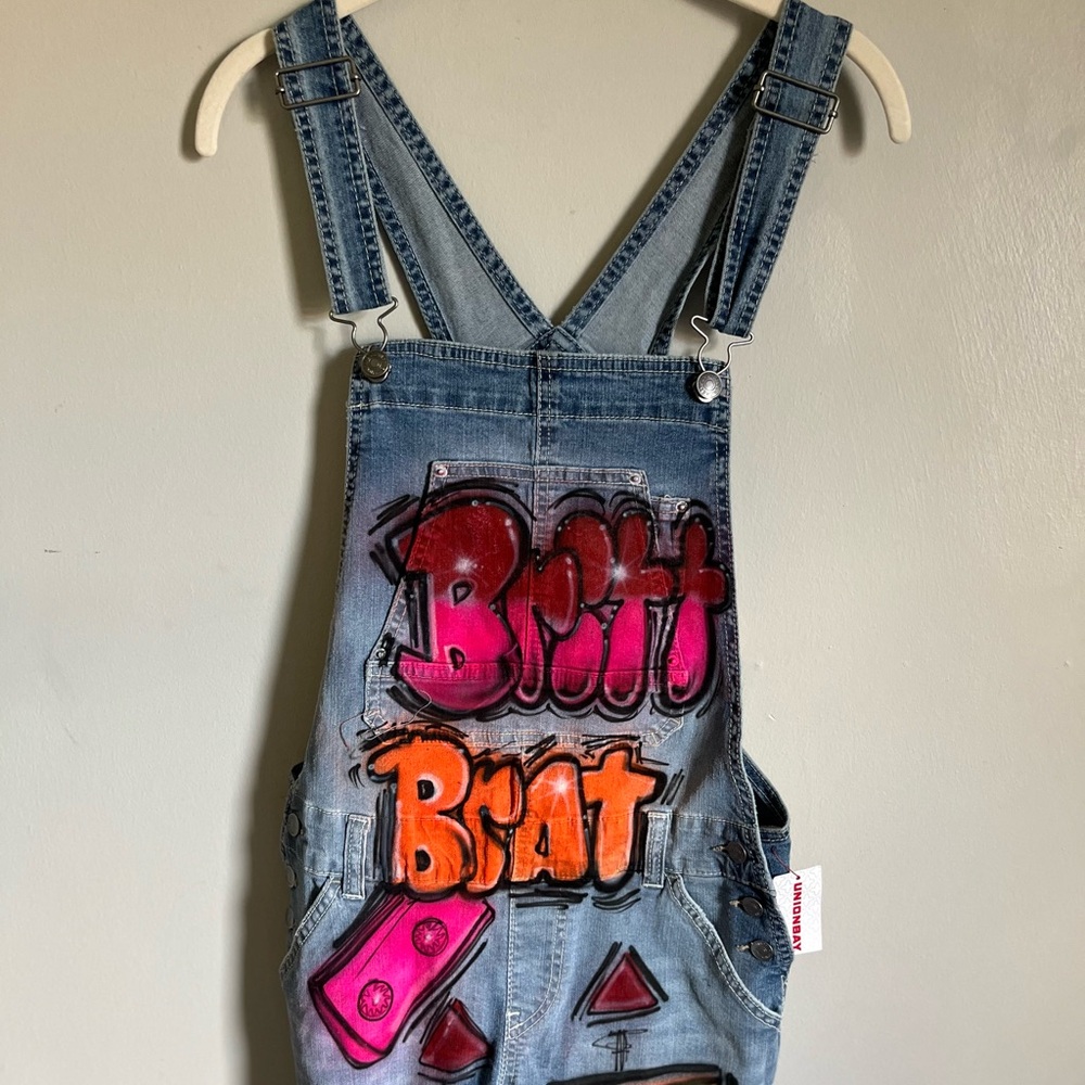 Union Bay Graffiti Denim Overalls with Pink and Orange Accents